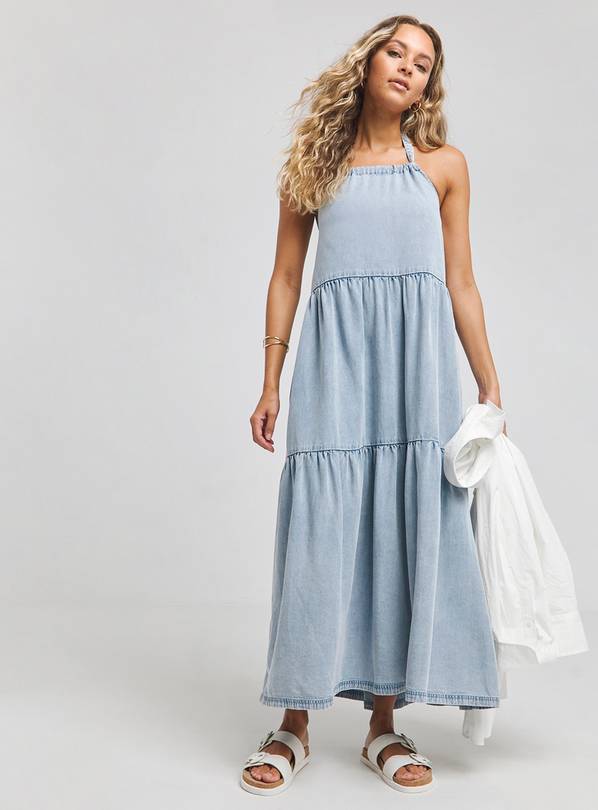 SIMPLY BE Light Wash Blue Halter Tiered Maxi Tencel Dress 24